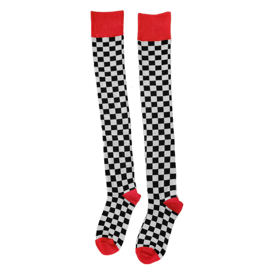 Checkered Thigh-High Socks - one pair, checker knit with Bonk red accents