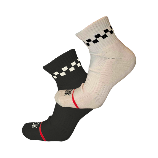 Bonk Ankle 2-Pack - two pairs of cushioned ankle socks, one Black and one White, with checker cuff
