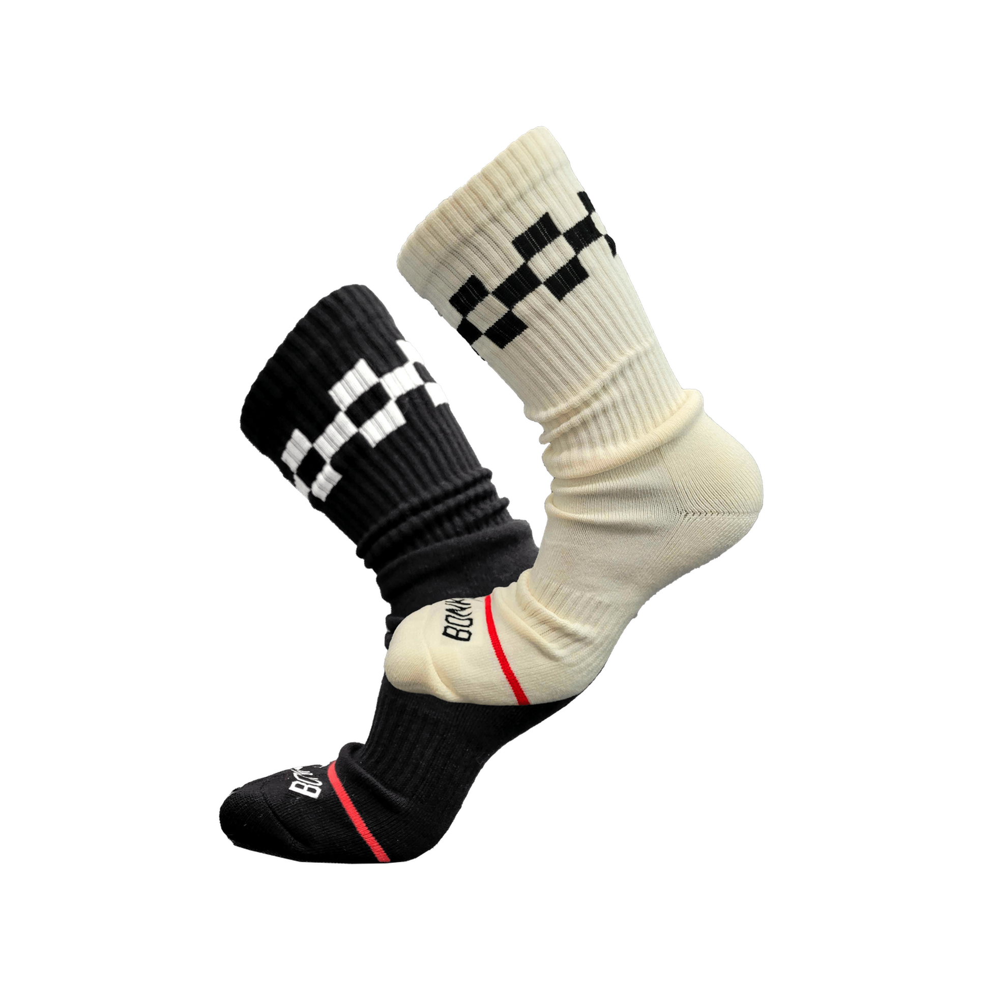 Bonk Cushioned Socks Bundle - two pairs of cushioned crew socks, one Black and one Off-White