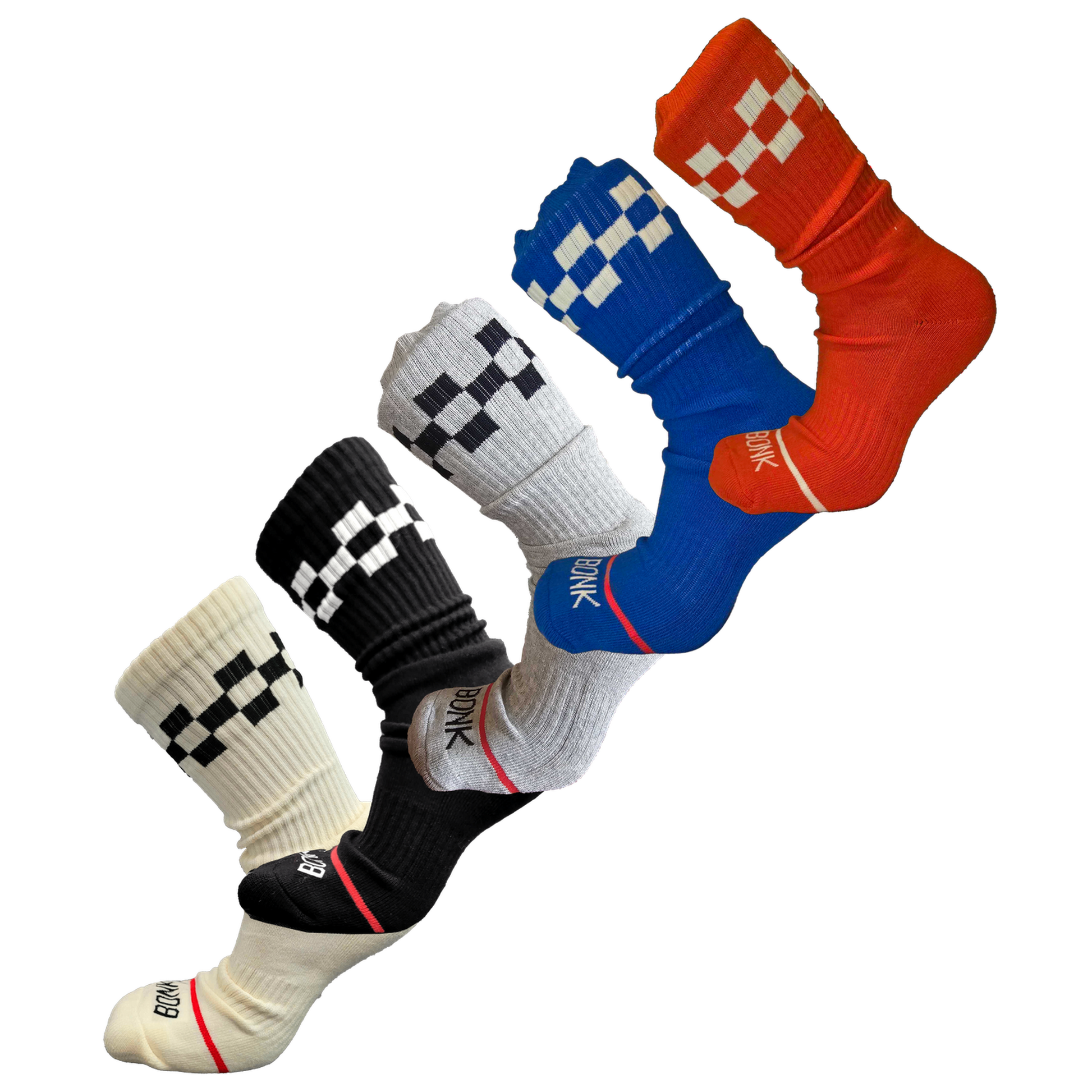 Bonk Super Mega Pak - five pairs of cushioned crew socks in Cream, Black, Grey, Varsity Blue and Electric Red, stacked on a diagonal