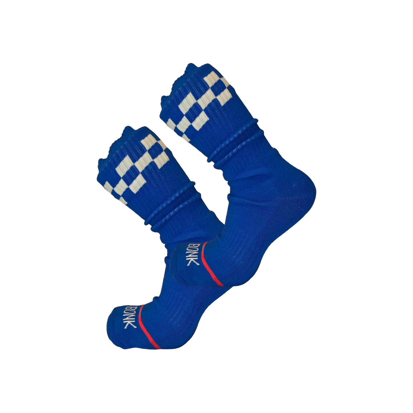 Bonk Crew Sock in Varsity Blue - pair shown, checker cuff and red toe stripe
