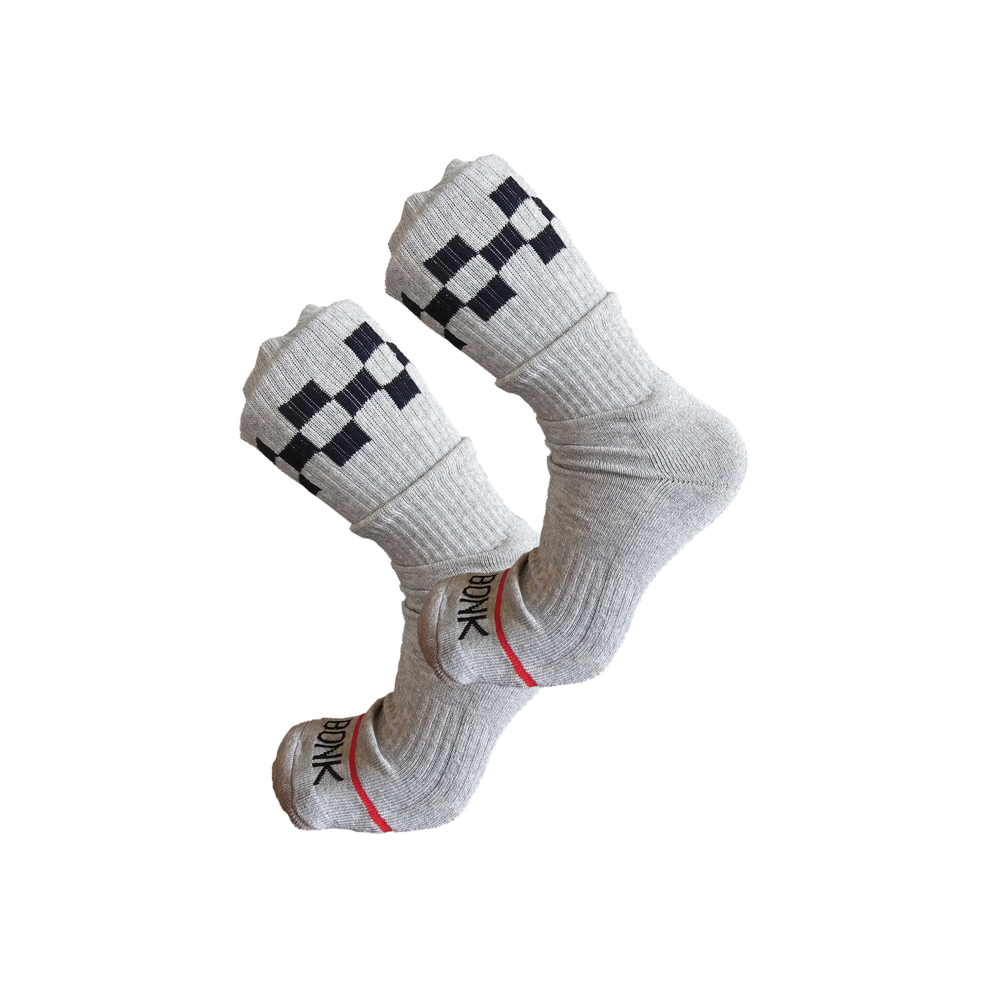 Bonk Crew Sock in Grey - pair shown, checker cuff and red toe stripe