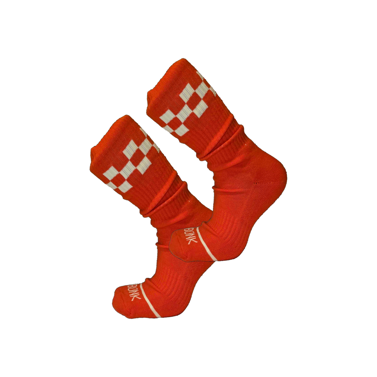 Bonk Crew Sock in Electric Red - pair shown, checker cuff and Bonk toe stripe