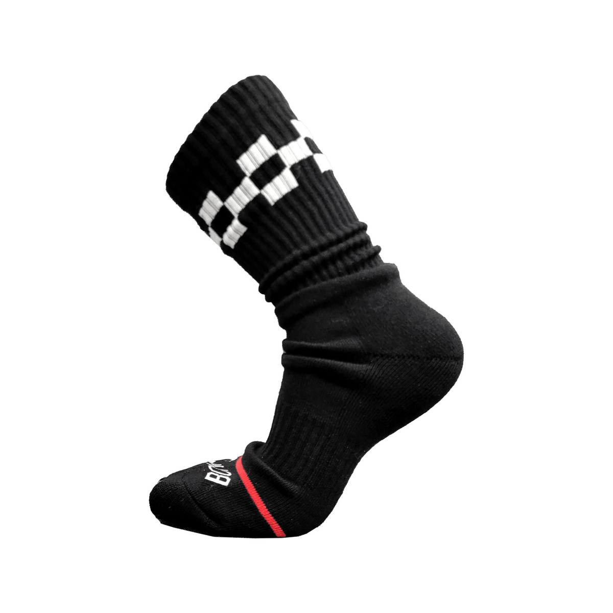 Bonk Crew Sock in Black with white checker cuff and red Bonk toe stripe