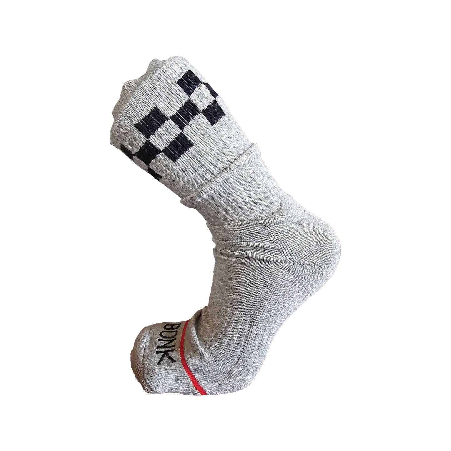 Bonk Crew Sock in Grey with black checker cuff and red Bonk toe stripe