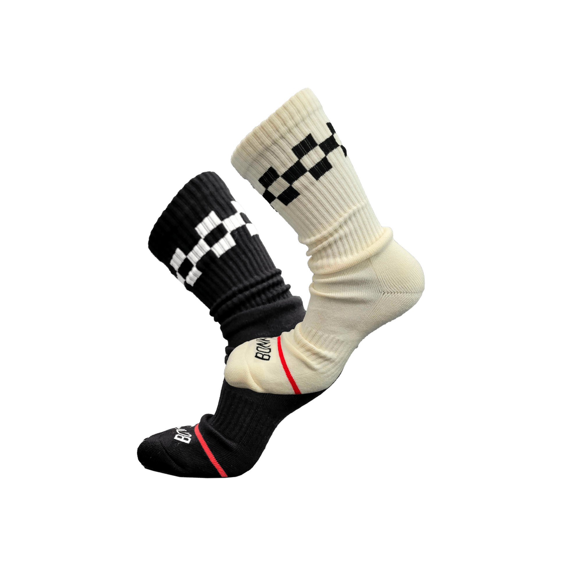 Bonk Cushioned Socks Bundle - two pairs of cushioned crew socks, one Black and one Off-White