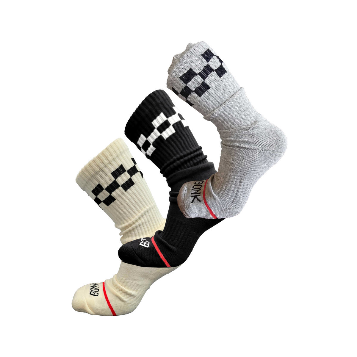 Bonk Mega Sock Bundle - three pairs of cushioned crew socks in Cream, Black and Grey, stacked on a diagonal