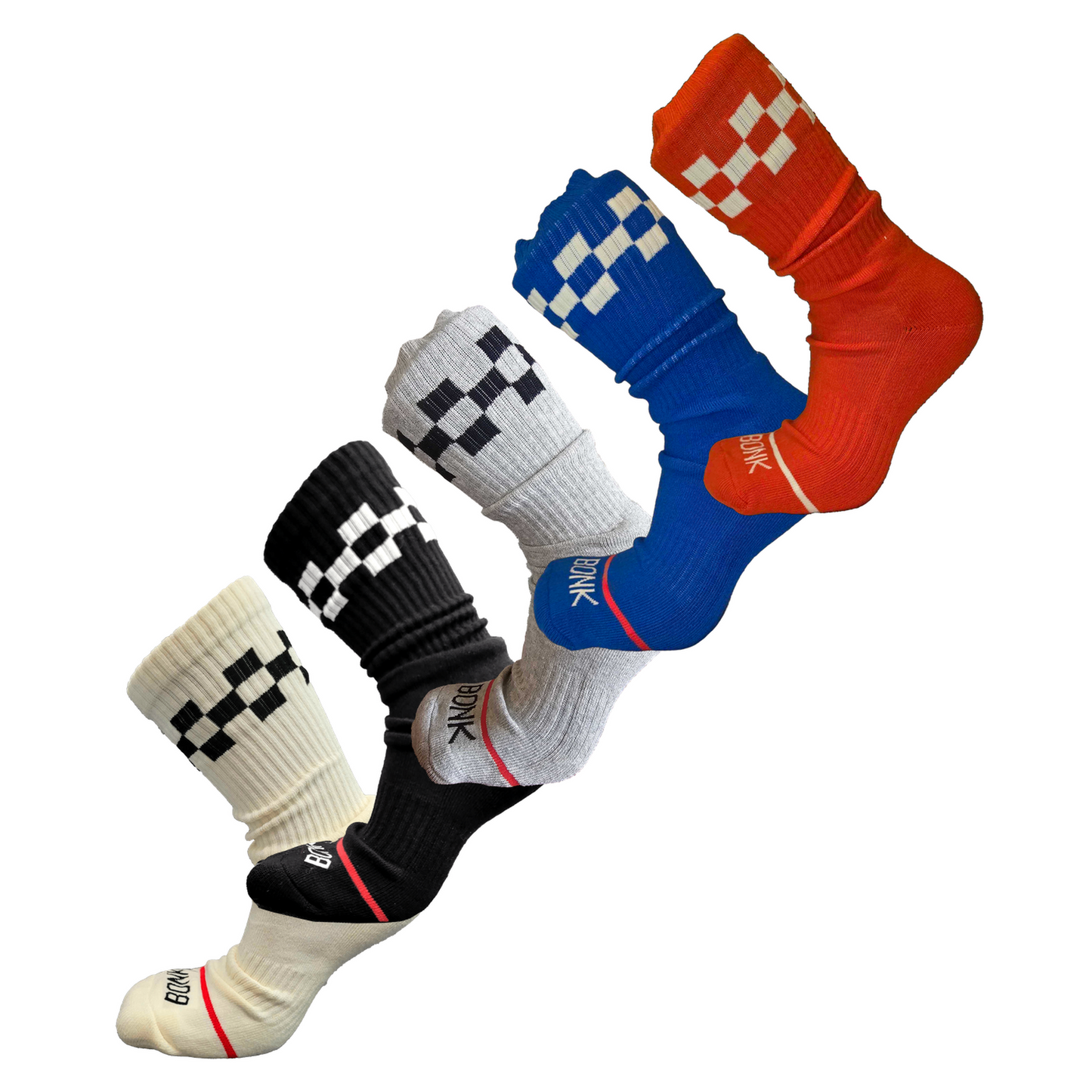 Bonk Super Mega Pak - five pairs of cushioned crew socks in Cream, Black, Grey, Varsity Blue and Electric Red, stacked on a diagonal