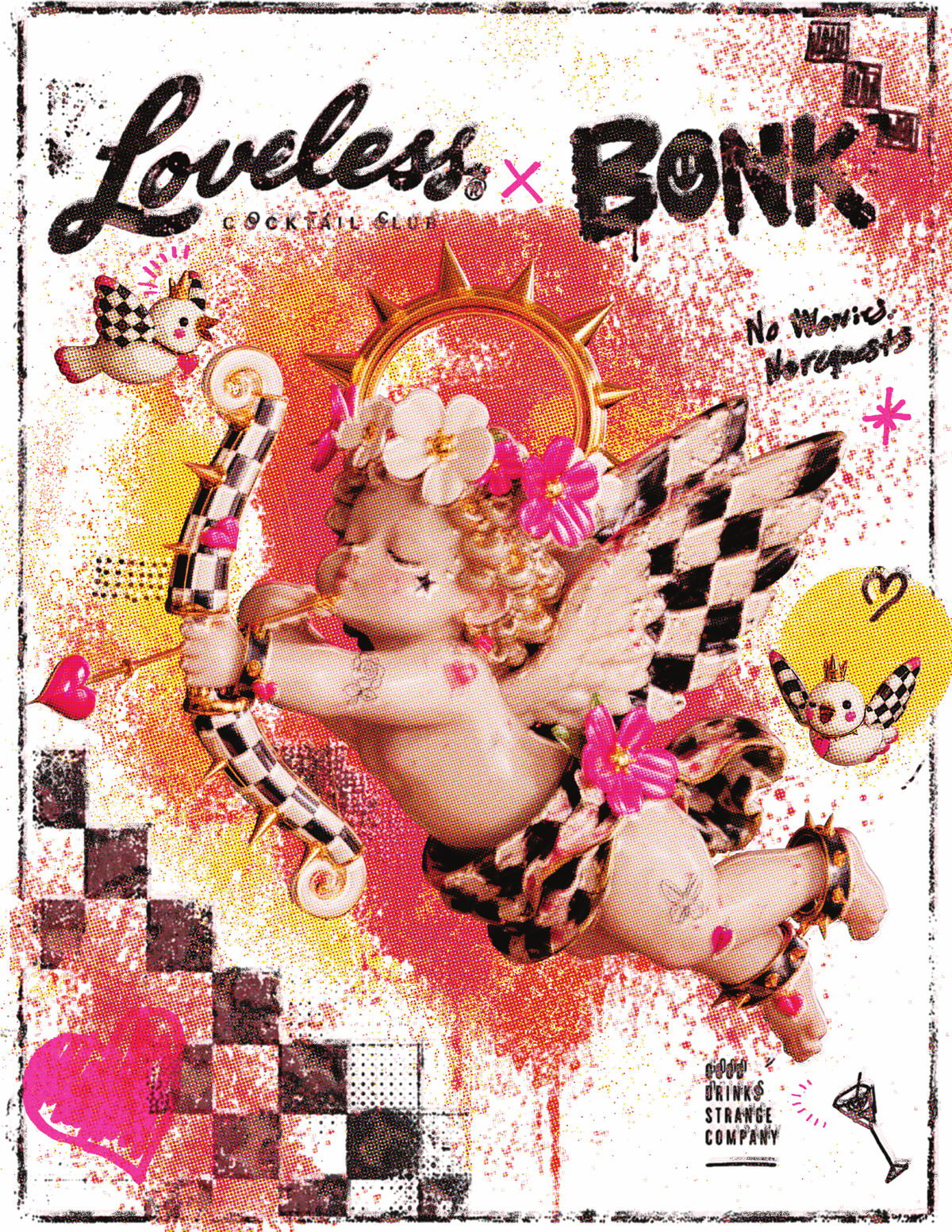 
BONK × Loveless full-colour poster artwork: cherub, checkered bow and wings, pink flowers and gold halo