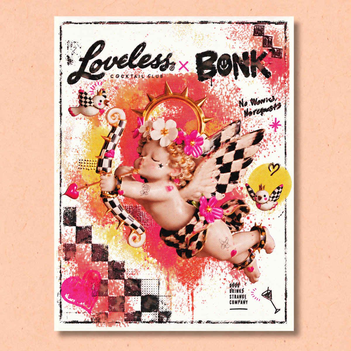 
Digital mockup of the BONK × Loveless art print on a warm peach background