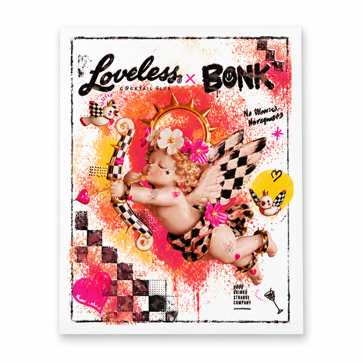 
Digital mockup of the BONK × Loveless cherub art print, unframed, on white