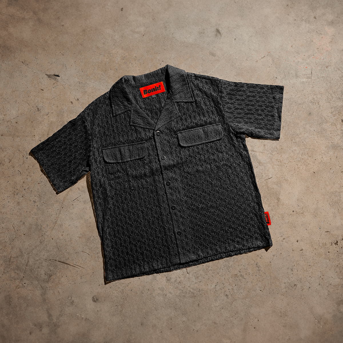 Black Lace Button-Up Camp Collar Shirt