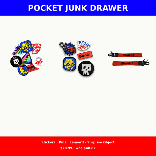 Pocket Junk Drawer: stickers, pins, lanyard, surprise object