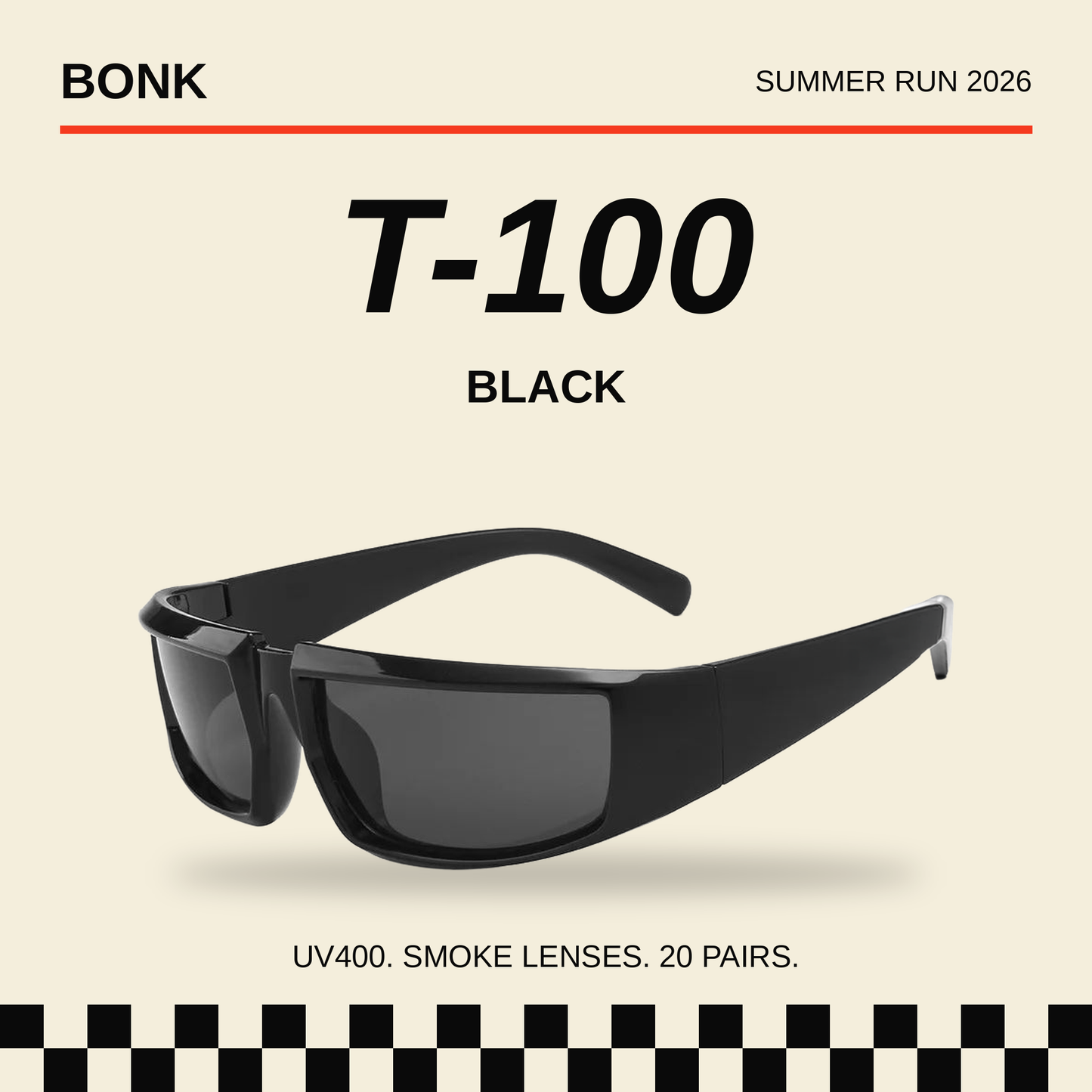 T-100 Black colorway card, Bonk Supply summer run 2026