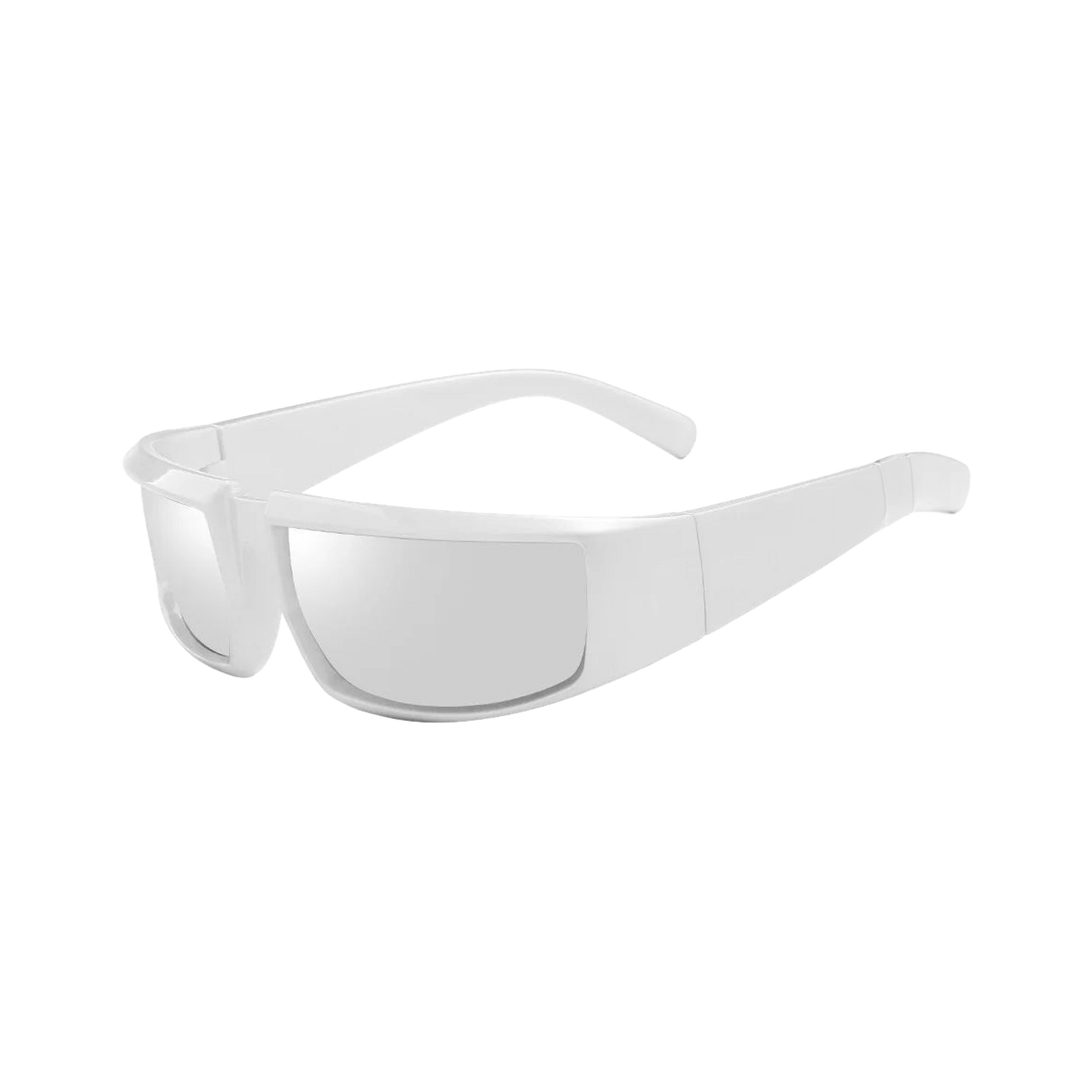 T-100 wraparound sunglasses in Liquid Silver, UV400 mirror lenses, cutout on transparent background