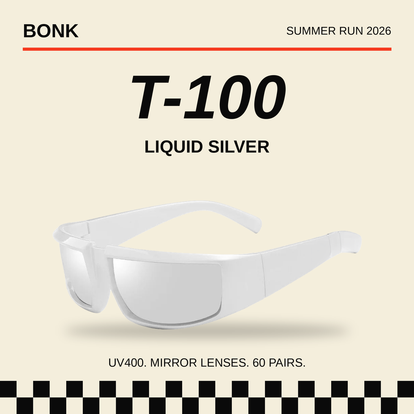 T-100 Liquid Silver colorway card, Bonk Supply summer run 2026